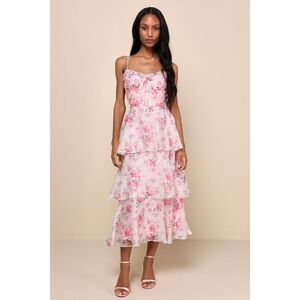 Lulus Immaculate Cutie Light Pink Floral Sleeveless Tiered Midi Dress - Size L